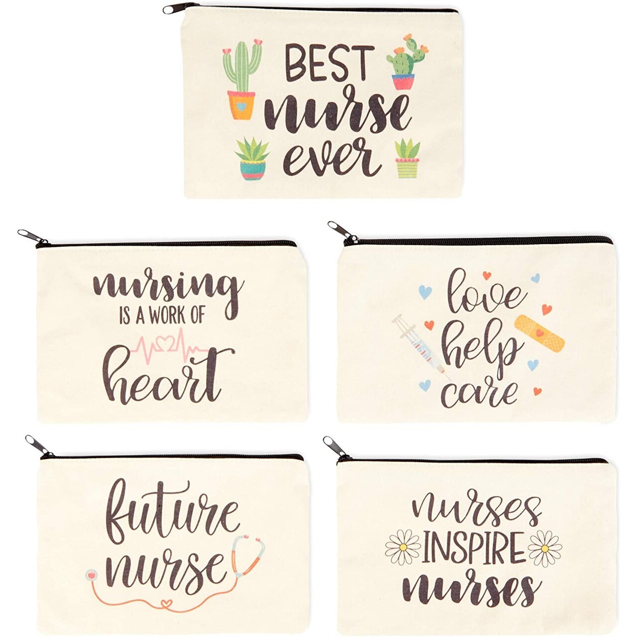 5-Pack Canvas Makeup Bags for Nurse Appreciation Gifts, Cosmetic Pouches  (9 x 6)